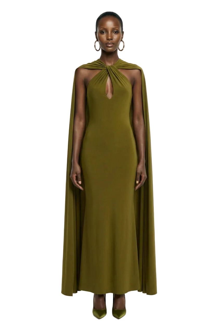 Rhoda | Green Twist Halter-Neck Cape Maxi Dress