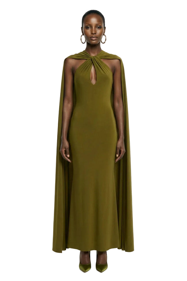 Rhoda | Green Twist Halter-Neck Cape Maxi Dress Hover Image