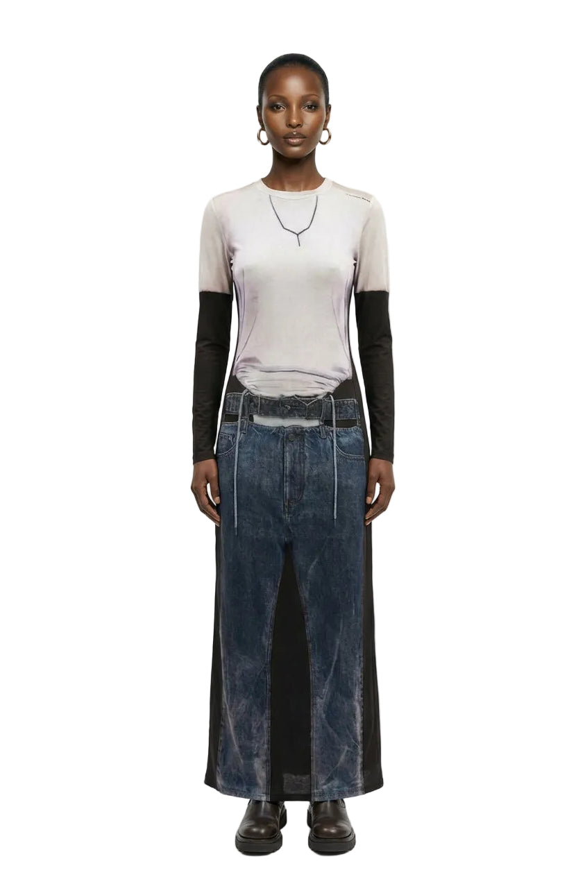 Long-sleeve trompe-l’oeil top and jeans print dress.