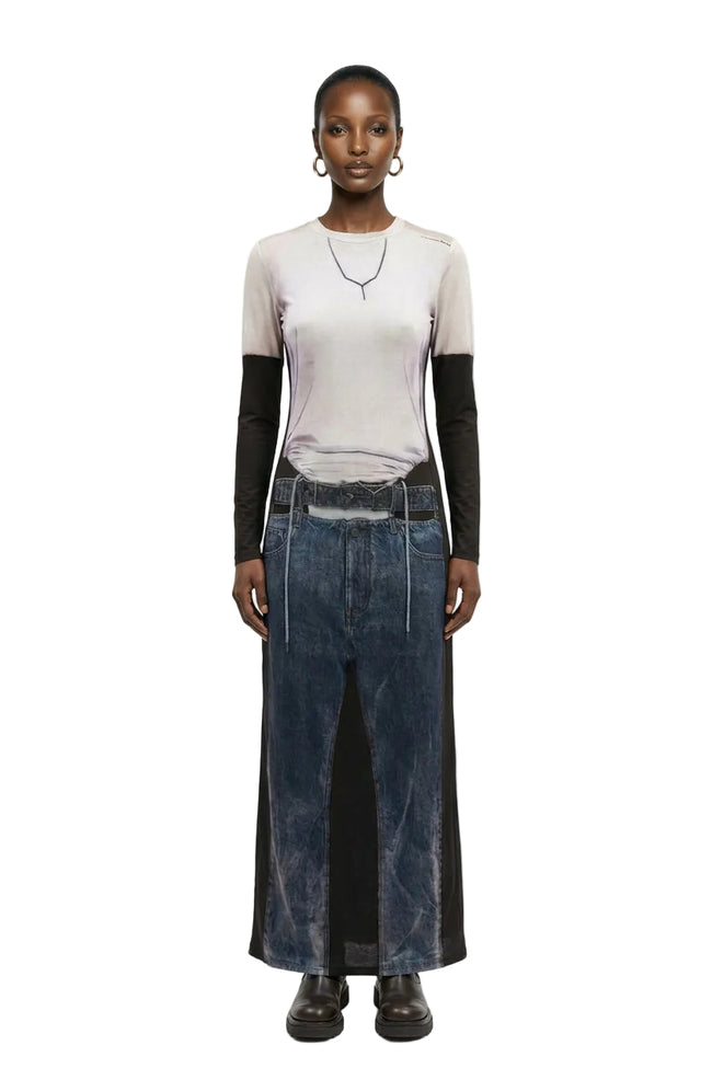Long-sleeve trompe-l’oeil top and jeans print dress. Hover Image
