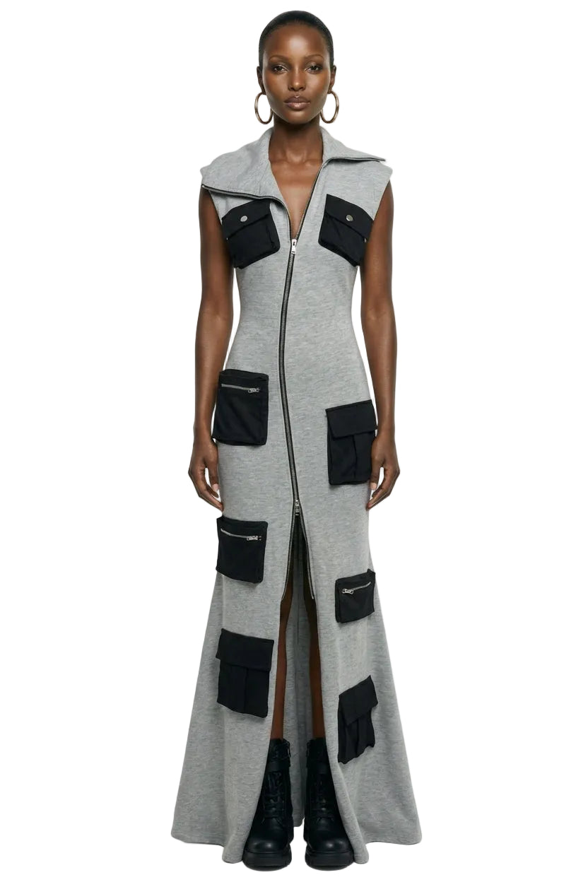 DON'T MESS WITH ME COLLARED MAXI DRESS IN GREY SCUBA