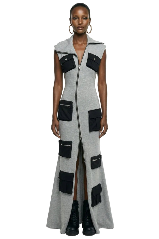 DON'T MESS WITH ME COLLARED MAXI DRESS IN GREY SCUBA Hover Image