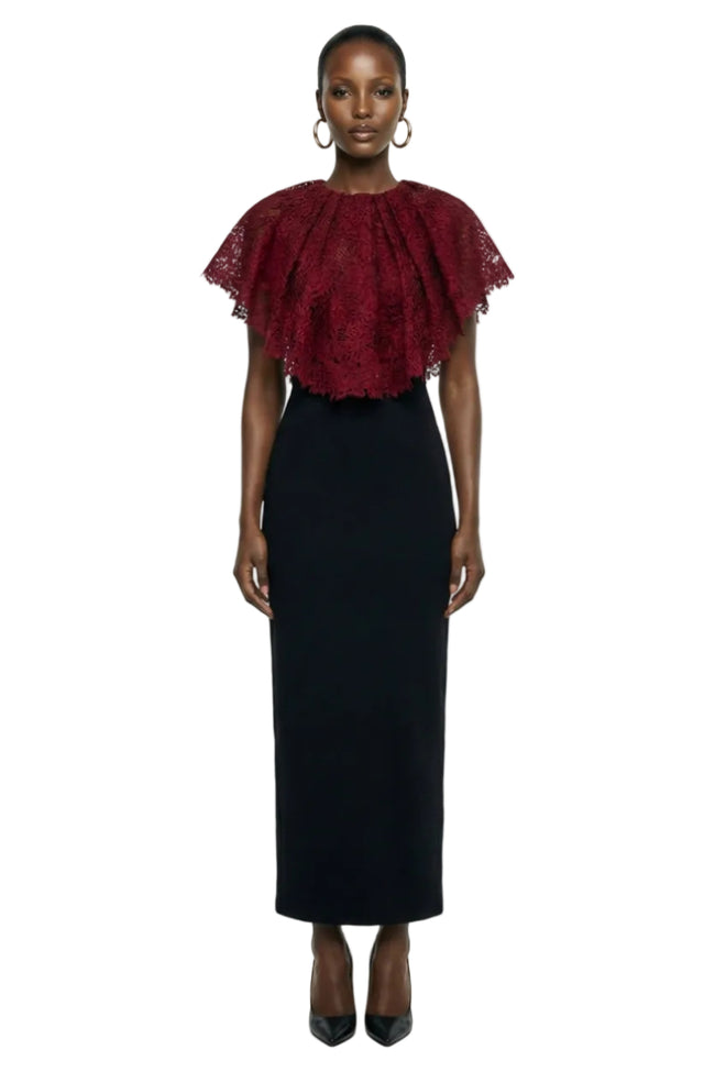 ROUND NECK SLEEVELESS LACE DRESS IN RED | I.H.F Hover Image