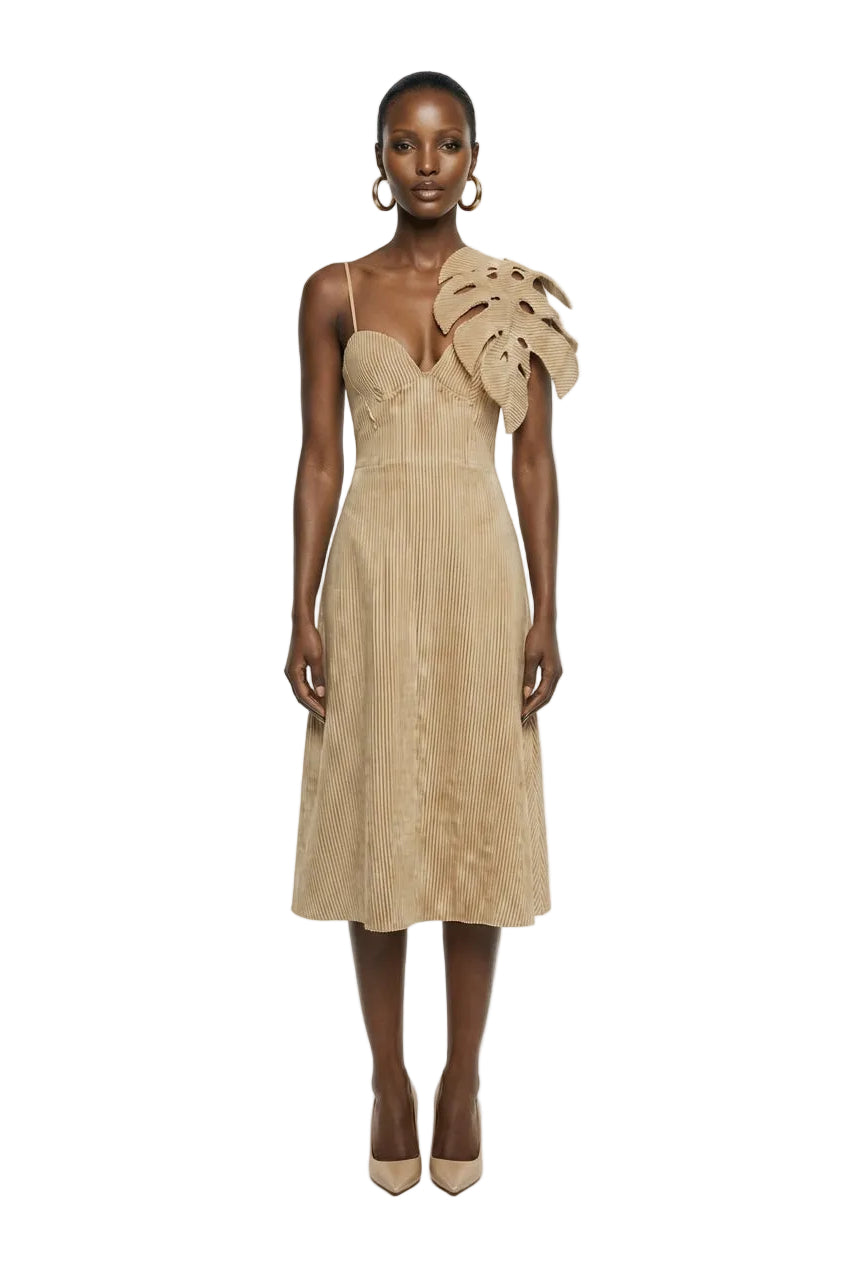 Green Striped 3d Monstera Leaf Euroflax™ Premium Linen Midi Dress