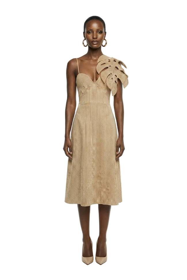 Green Striped 3d Monstera Leaf Euroflax™ Premium Linen Midi Dress Hover Image