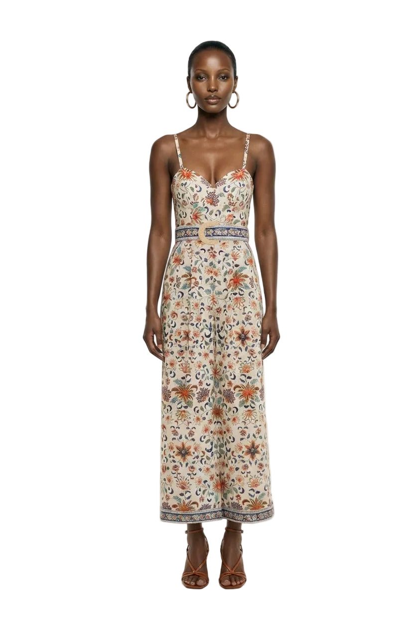 Soft Pink Floral Delhi Tapestry Belted Jumpsuit