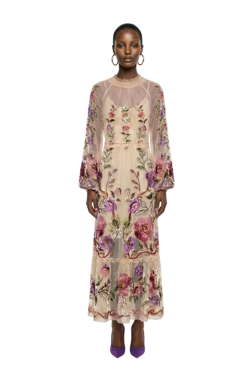 Cream Rococo Flowers Lace Maxi Dress