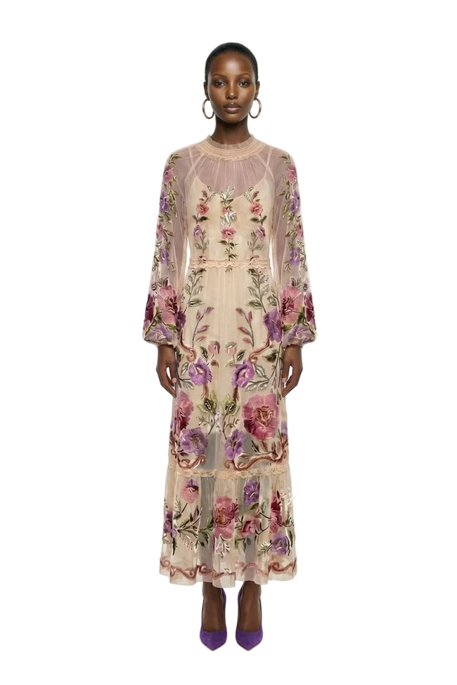 Cream Rococo Flowers Lace Maxi Dress Hover Image