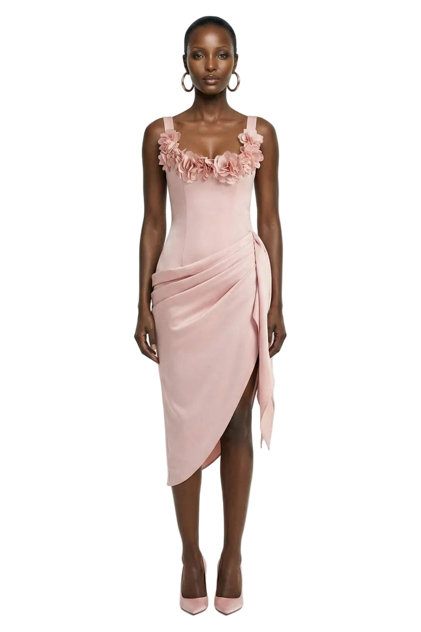 Letitia | Pale Pink Square-Neck Floral Detailed Wrap Midi Dress