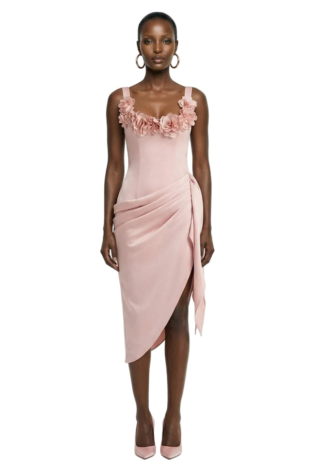 Letitia | Pale Pink Square-Neck Floral Detailed Wrap Midi Dress Hover Image