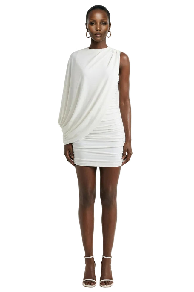 Fortuna | White Ruched Mini Dress With One-Sleeve Hover Image