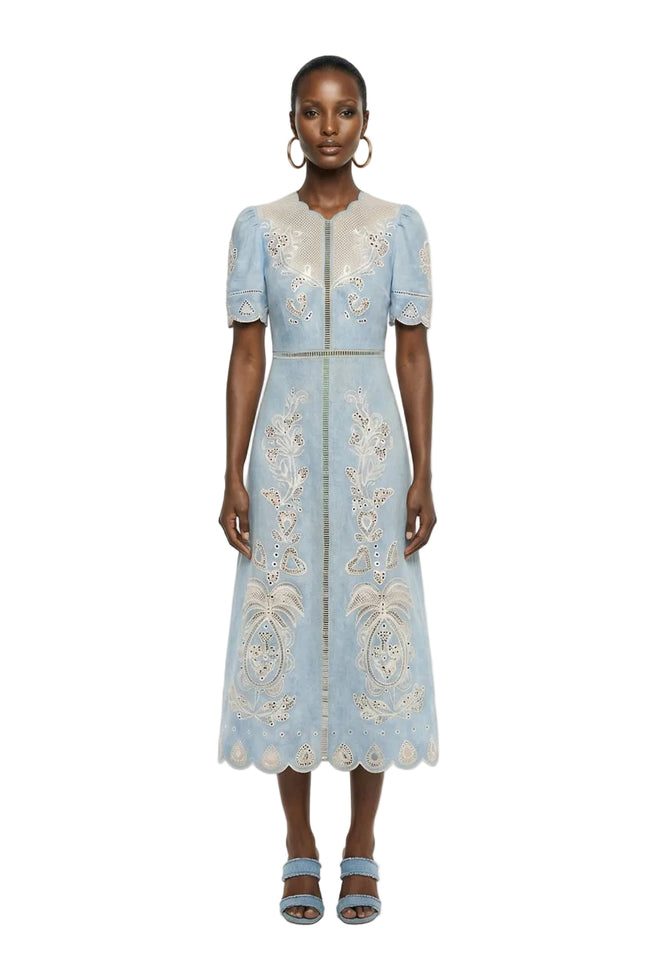 Light Blue Embroidered Euroflax Premium Linene Midi Dress Hover Image