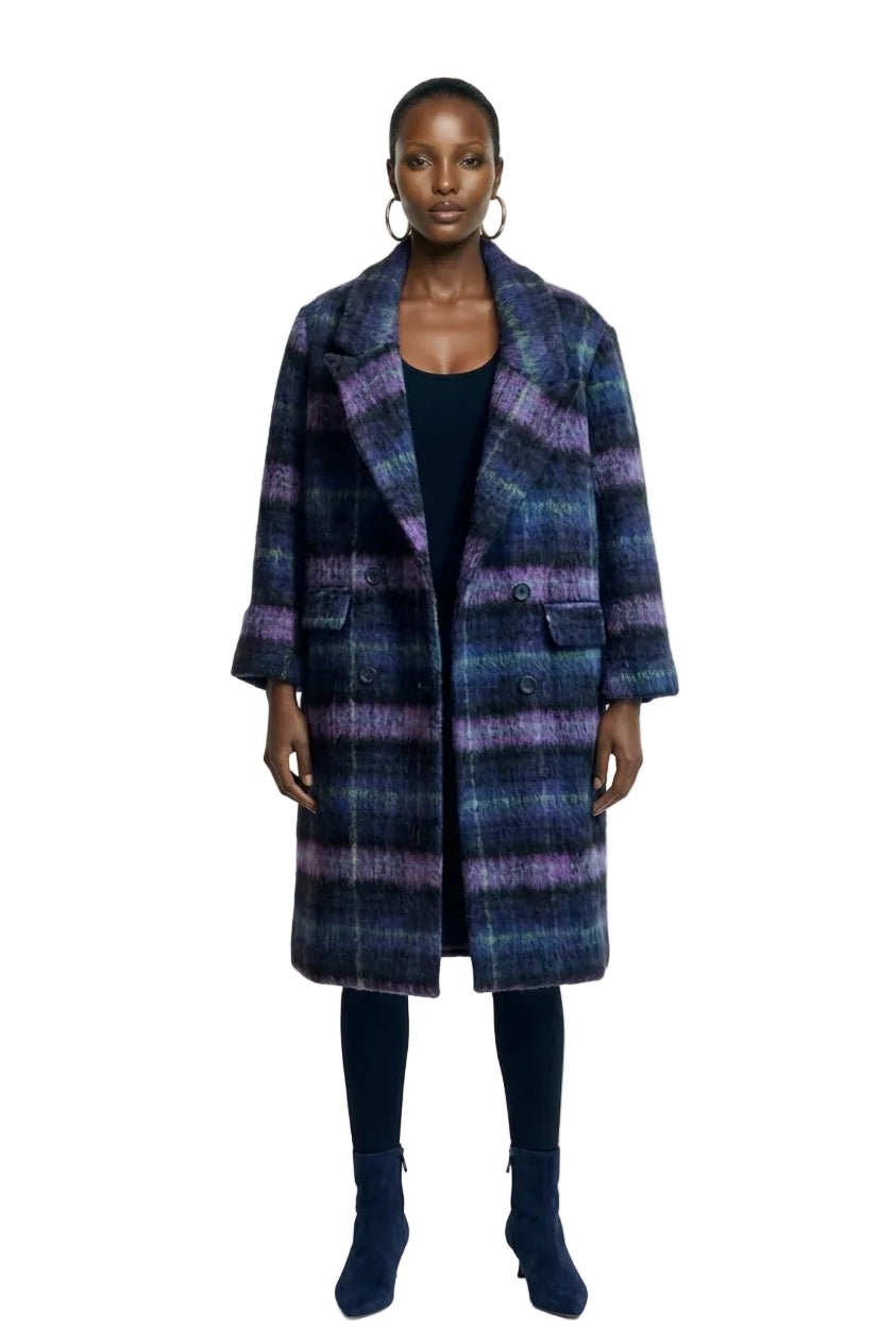 Purple and Green Striped Wool Blend Coat