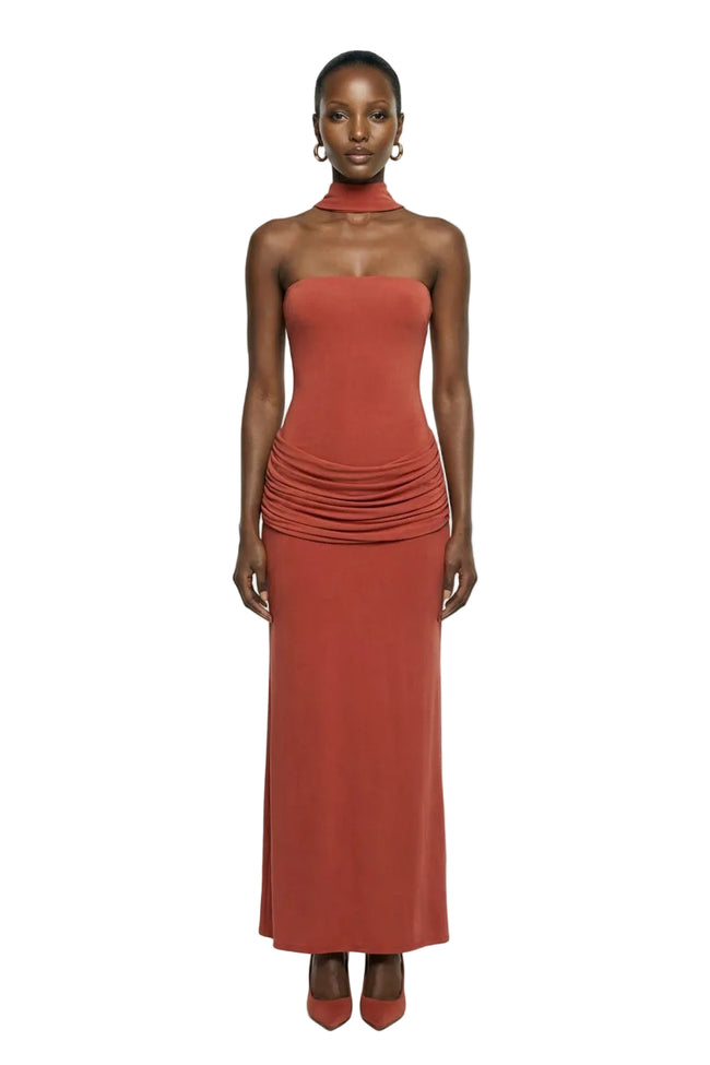 Graciella | Rust Bandeau Maxi Dress With Draped Detailing And Scarf Hover Image