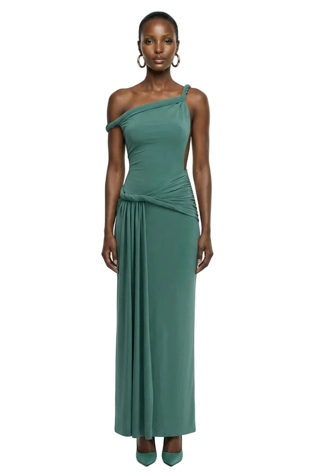 Tulisa | Green Asymmetric-Neck Maxi Dress With Twist Sleeves And Ruched Detailing Hover Image