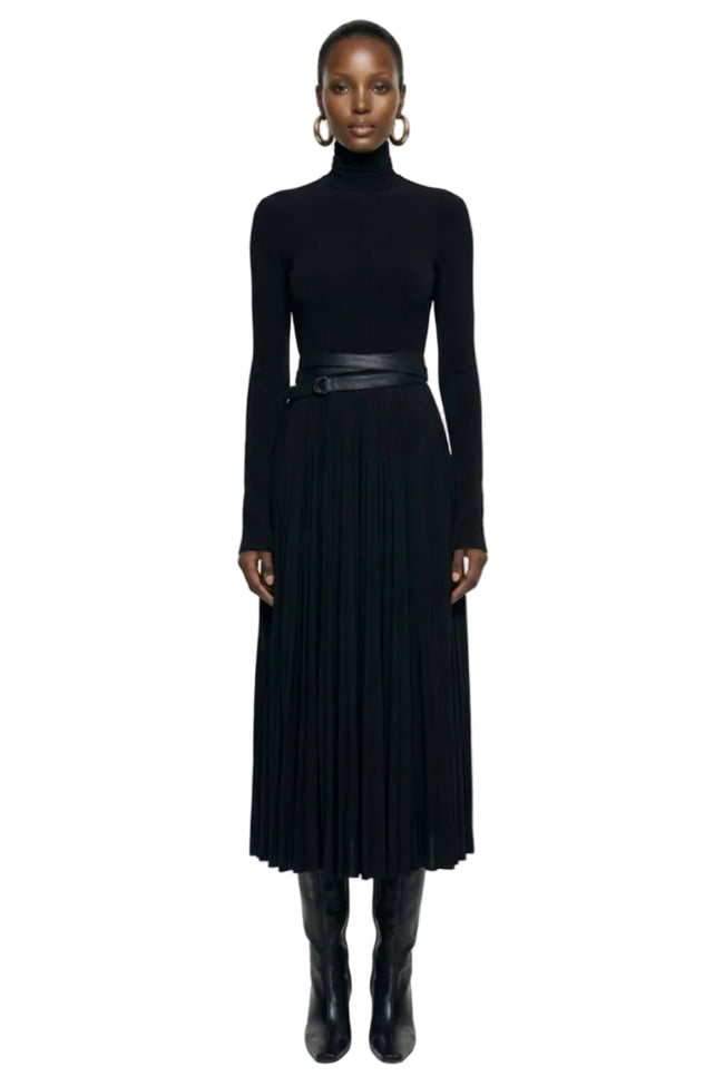 LS SHOULDER PAD TURTLE FLARED DRESS Hover Image