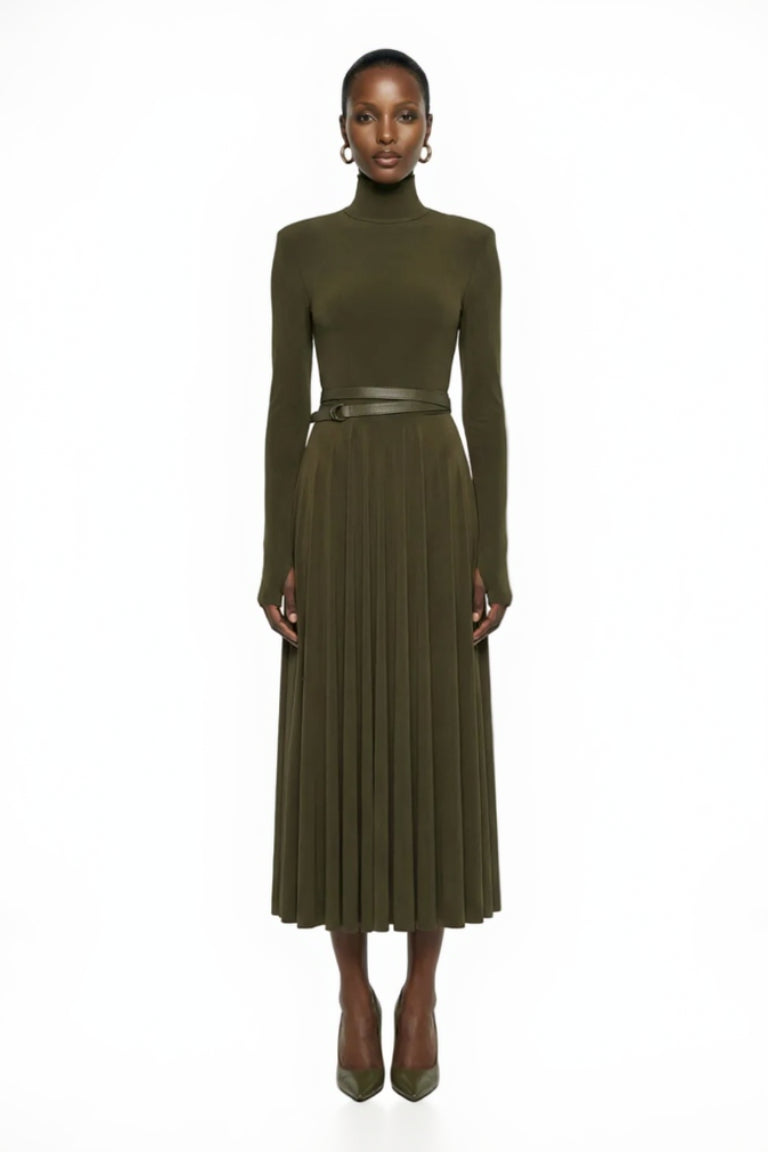 LS SHOULDER PAD TURTLE FLARED DRESS