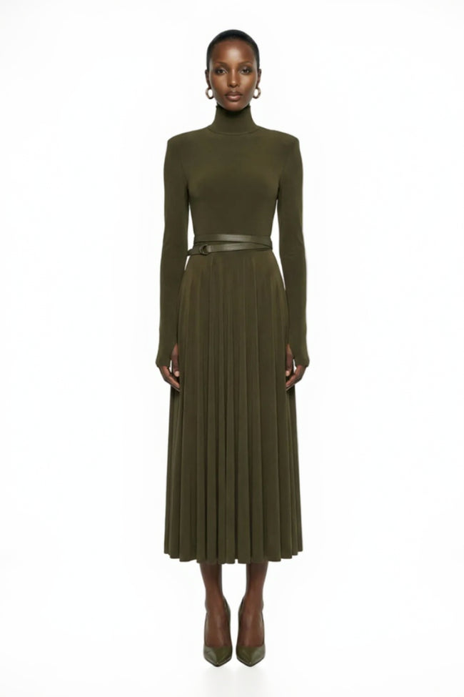 LS SHOULDER PAD TURTLE FLARED DRESS Hover Image
