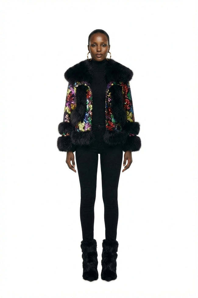 [PRE-ORDER] The Party Queen Sequin & Faux Fur Jacket Hover Image