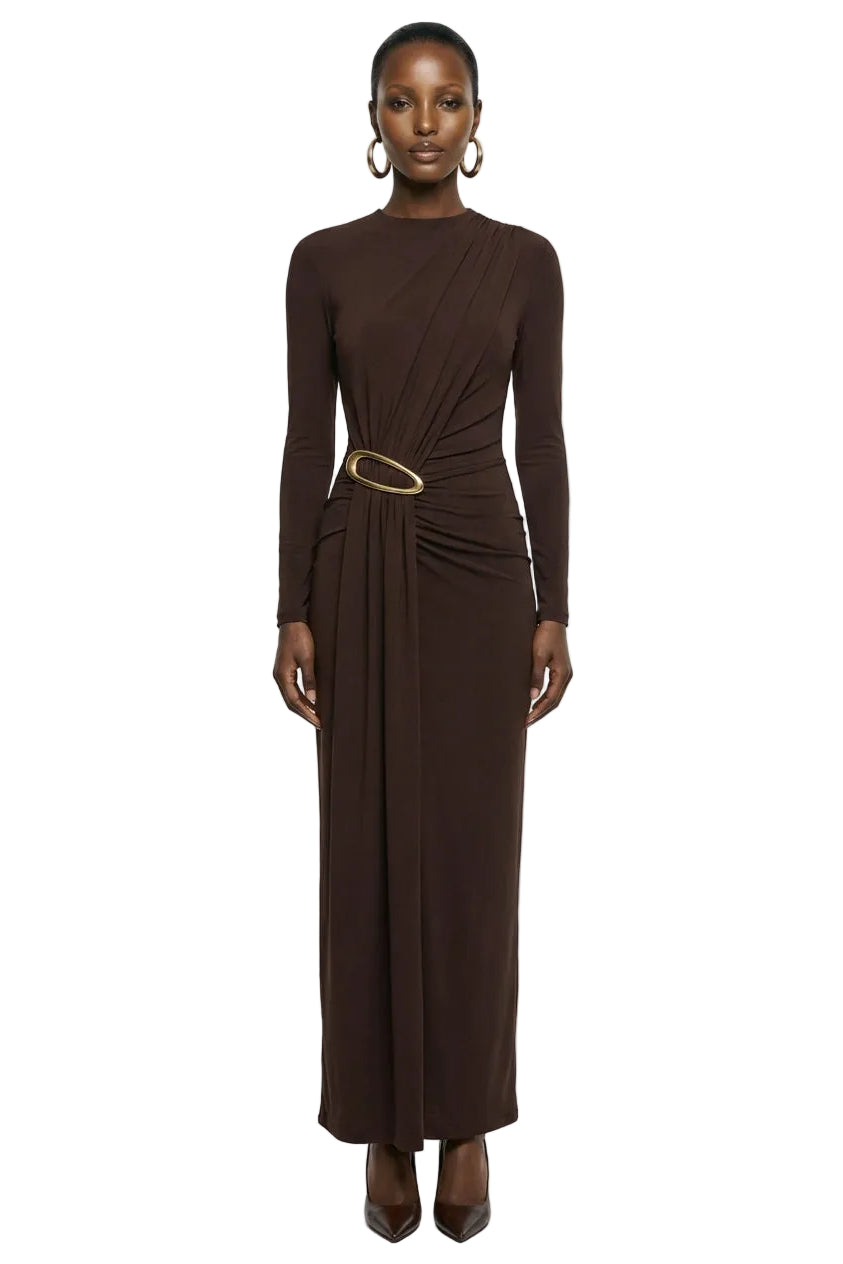 Zadie | Brown High-Neck Maxi Dress With Gathered-Detail