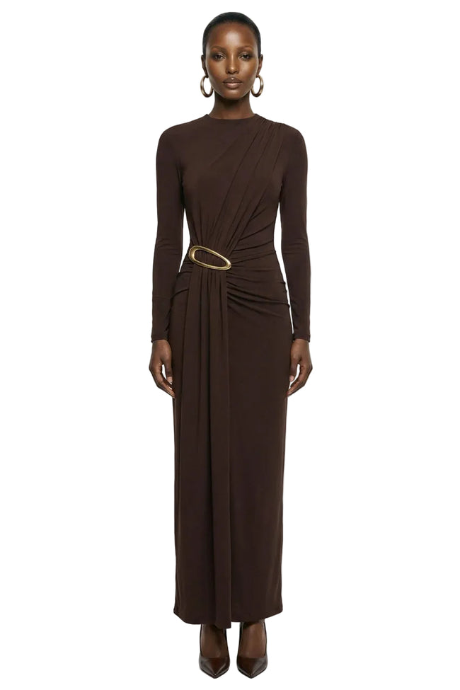 Zadie | Brown High-Neck Maxi Dress With Gathered-Detail Hover Image