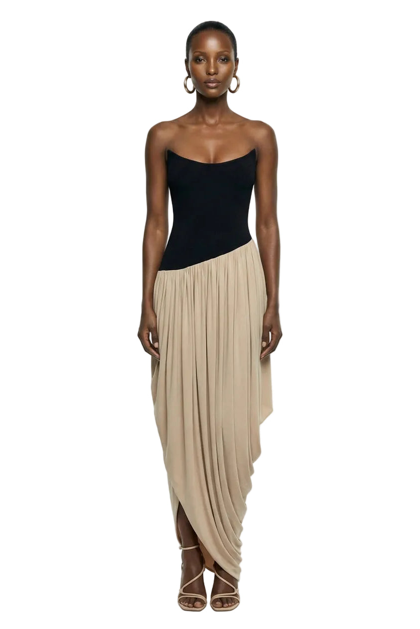 ZOSIA BLACK AND BEIGE MAXI DRESS | Deme By Gabriella