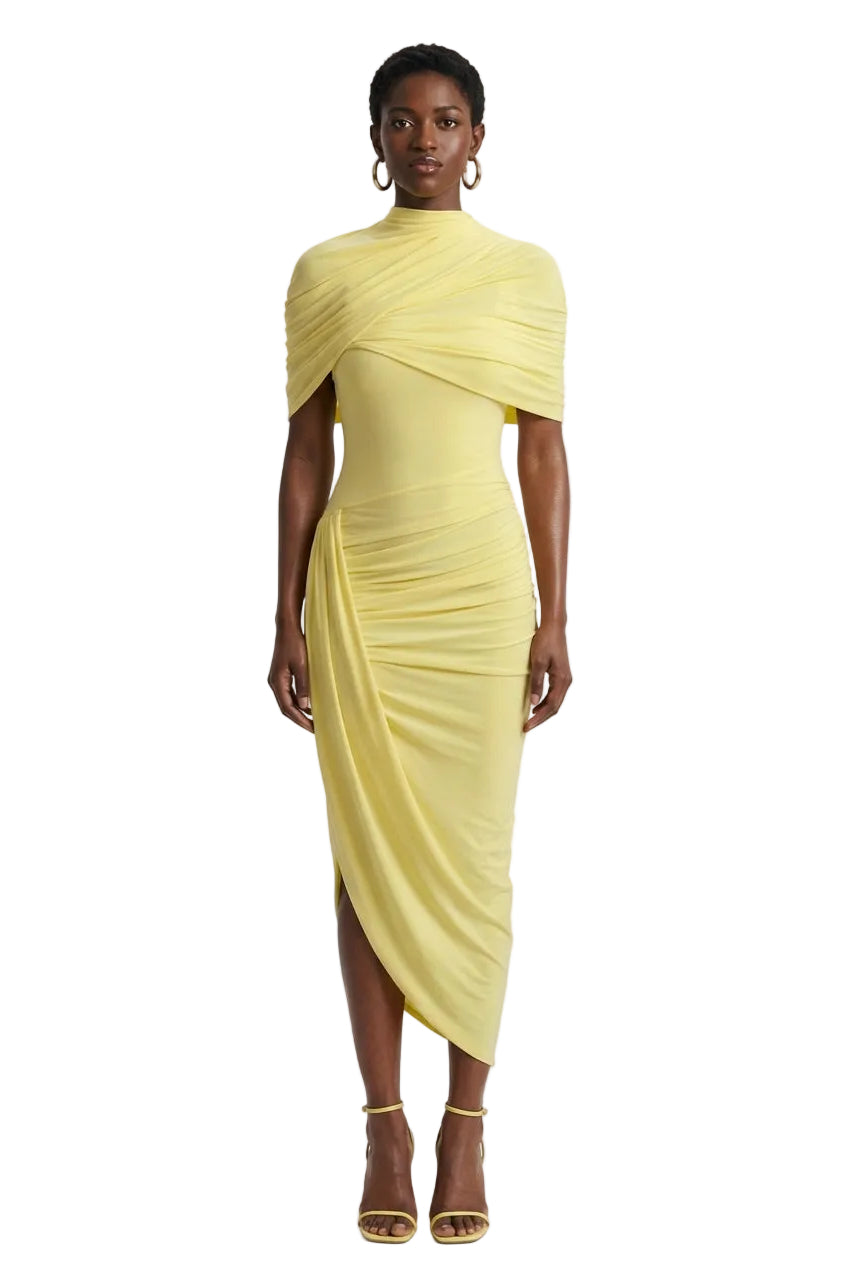 Enchant | Lemon Asymmetric Twisted Cape Midi Dress