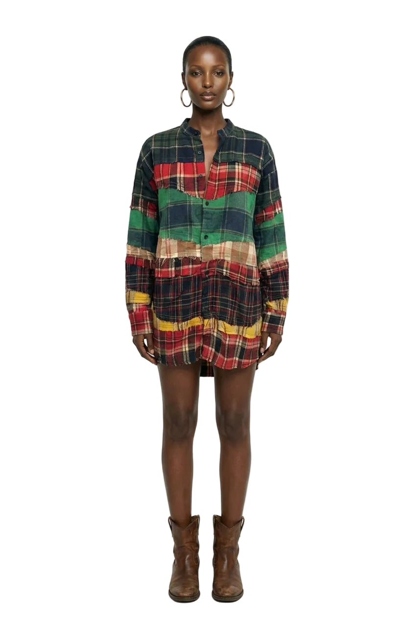 Patchwork Plaid Button-Up Shirt