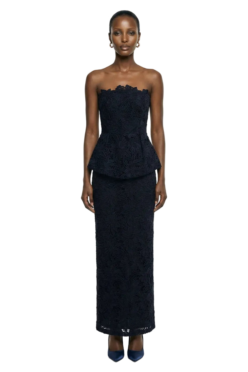 Delvine | Black Lace Bandeau Corset Maxi Dress