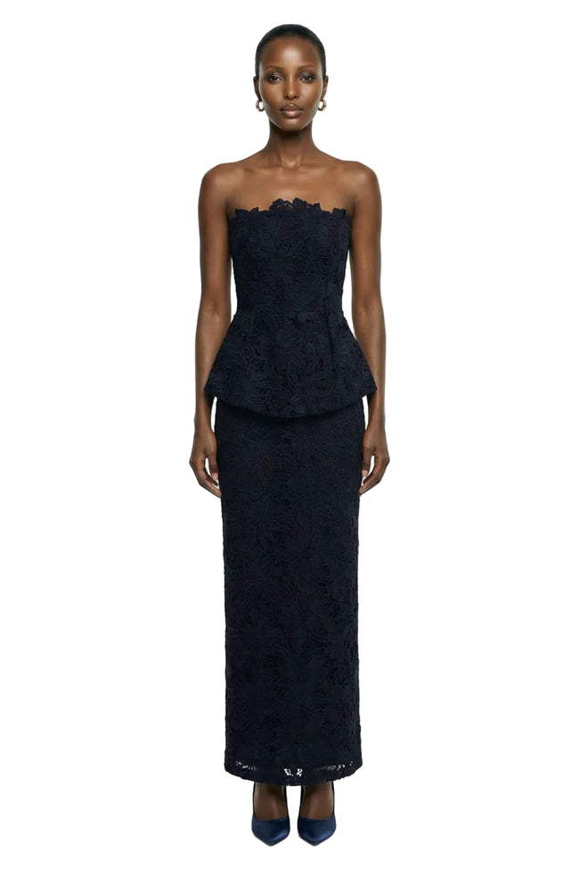 Delvine | Black Lace Bandeau Corset Maxi Dress Hover Image