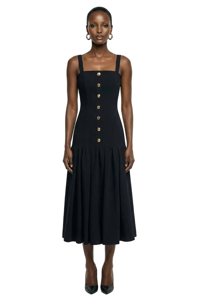 Briella | Black Bandeau Midi Dress With Gold-Button Detailing Hover Image
