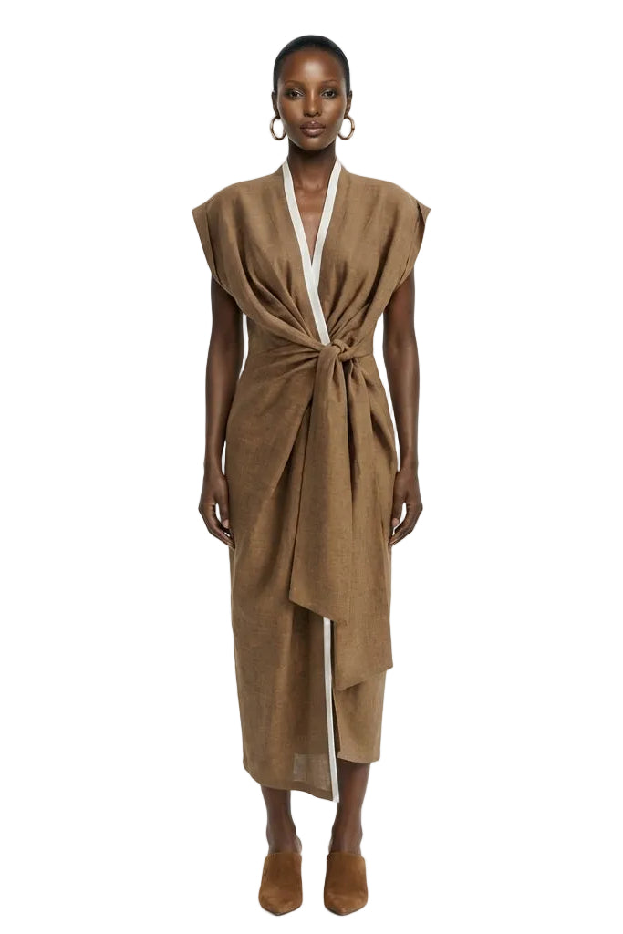Kaia - Luxe Linen Wrap Dress - Cognac