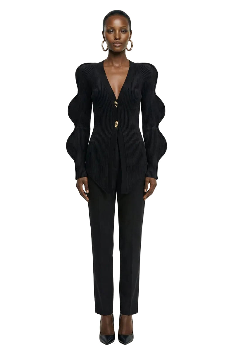 Wave Sleeve V-Neck Knitted Cardigan
