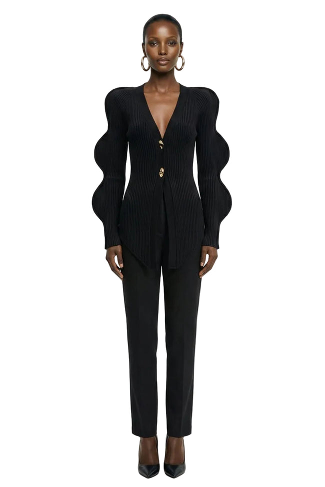 Wave Sleeve V-Neck Knitted Cardigan Hover Image