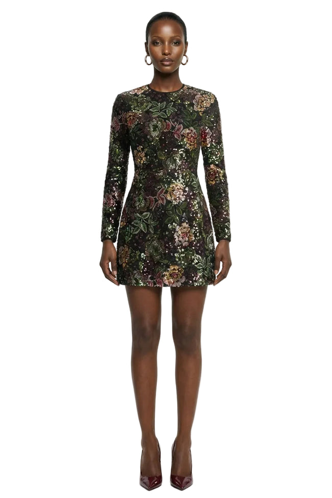 Moonlit | Winter Floral Mesh And Sequin Crew-Neck Mini Dress Hover Image