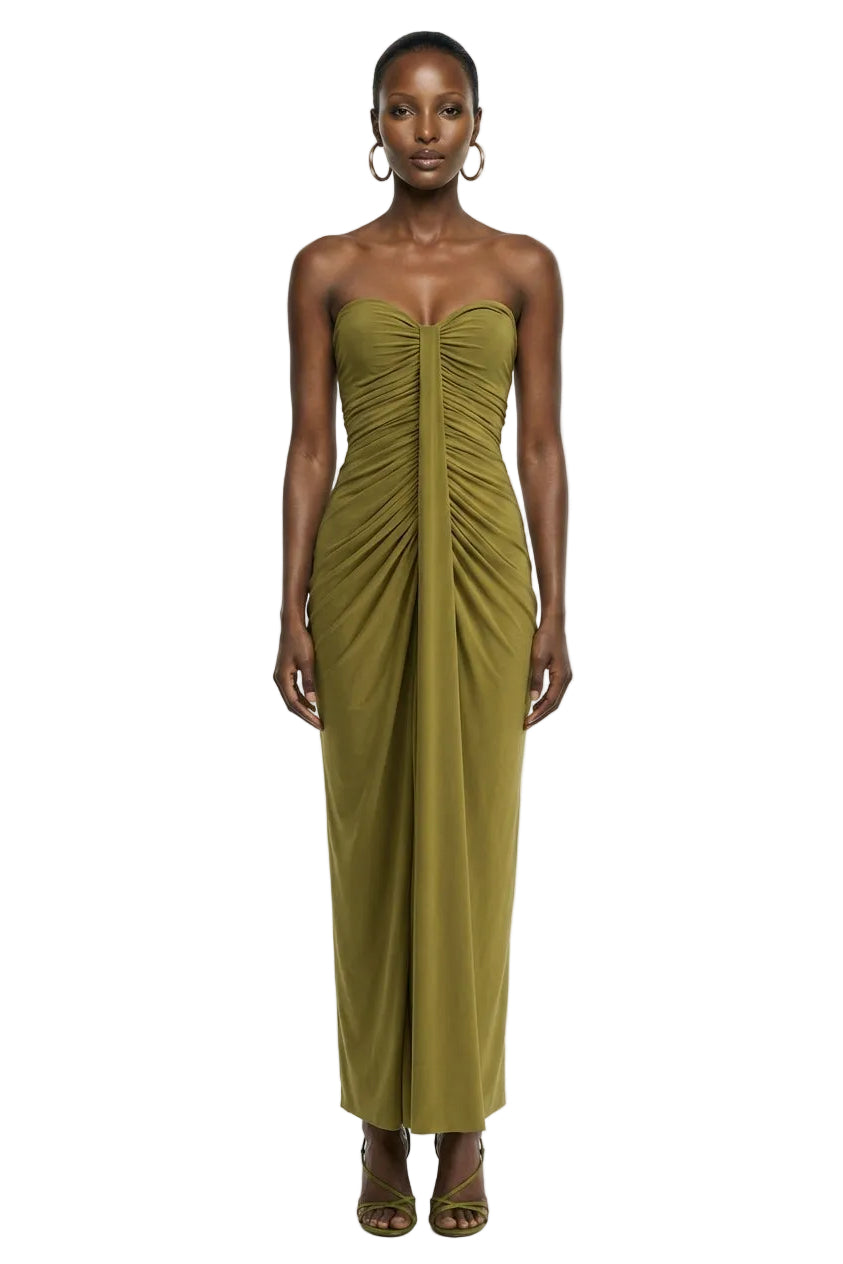 Ali | Olive Sweetheart Ruched Wrap Maxi Dress