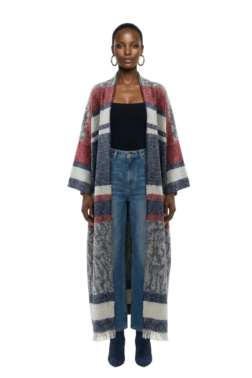 [PRE-ORDER]  Bohemian Textured Striped Long Kimono Cardigan