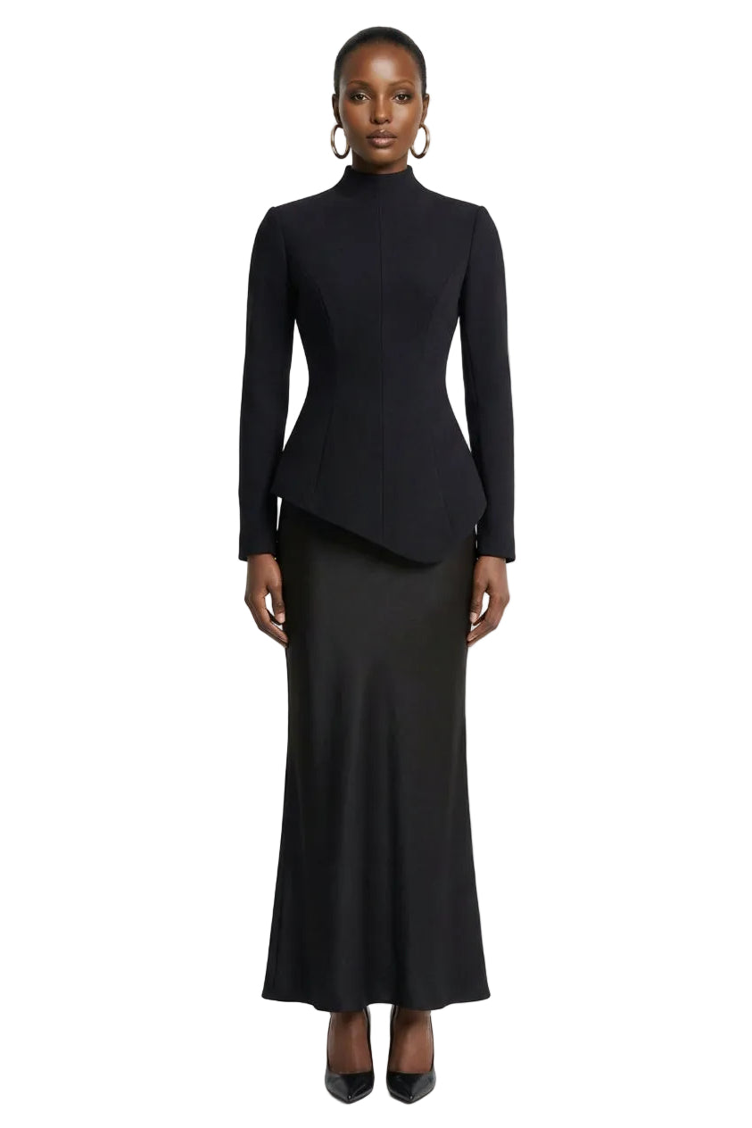Pepita | Black High-Neck Tailored Maxi Dress With Drop-Waist And Satin Skirt