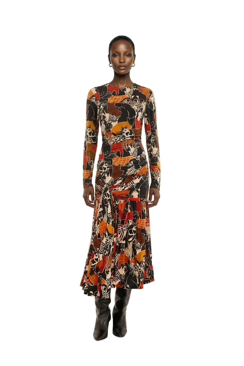 Multicolor Cats And Dogs Long Sleeve Draped Midi Dress