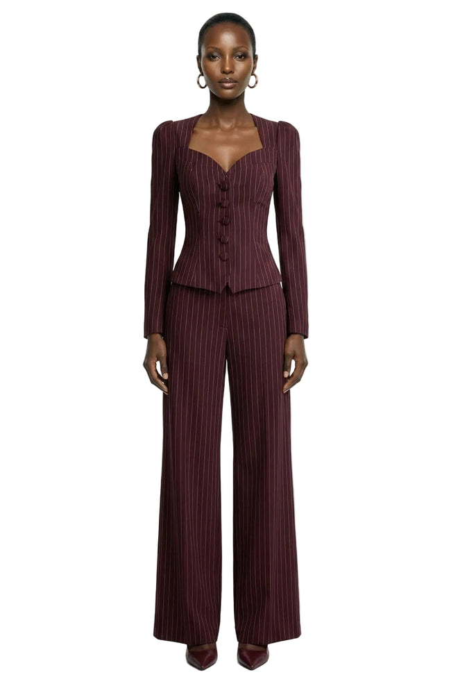 Asteria | Burgundy Pinstripe Wide-Leg Trousers Hover Image