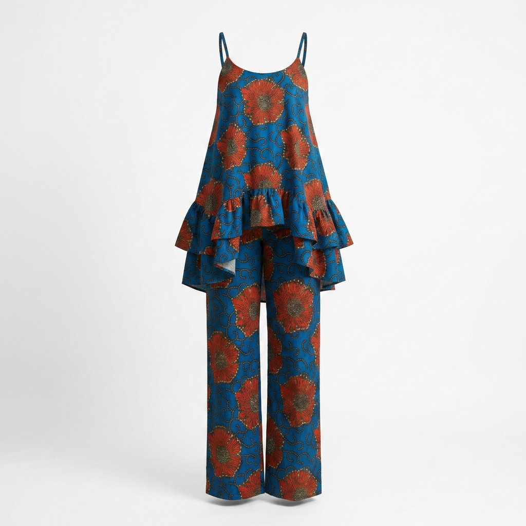 Osundu Ankara Faux Silk Tiered Camisole & Wide-Leg Trouser Set