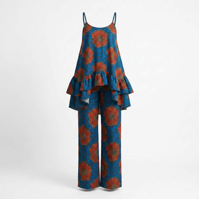 Osundu Ankara Faux Silk Tiered Camisole & Wide-Leg Trouser Set Hover Image
