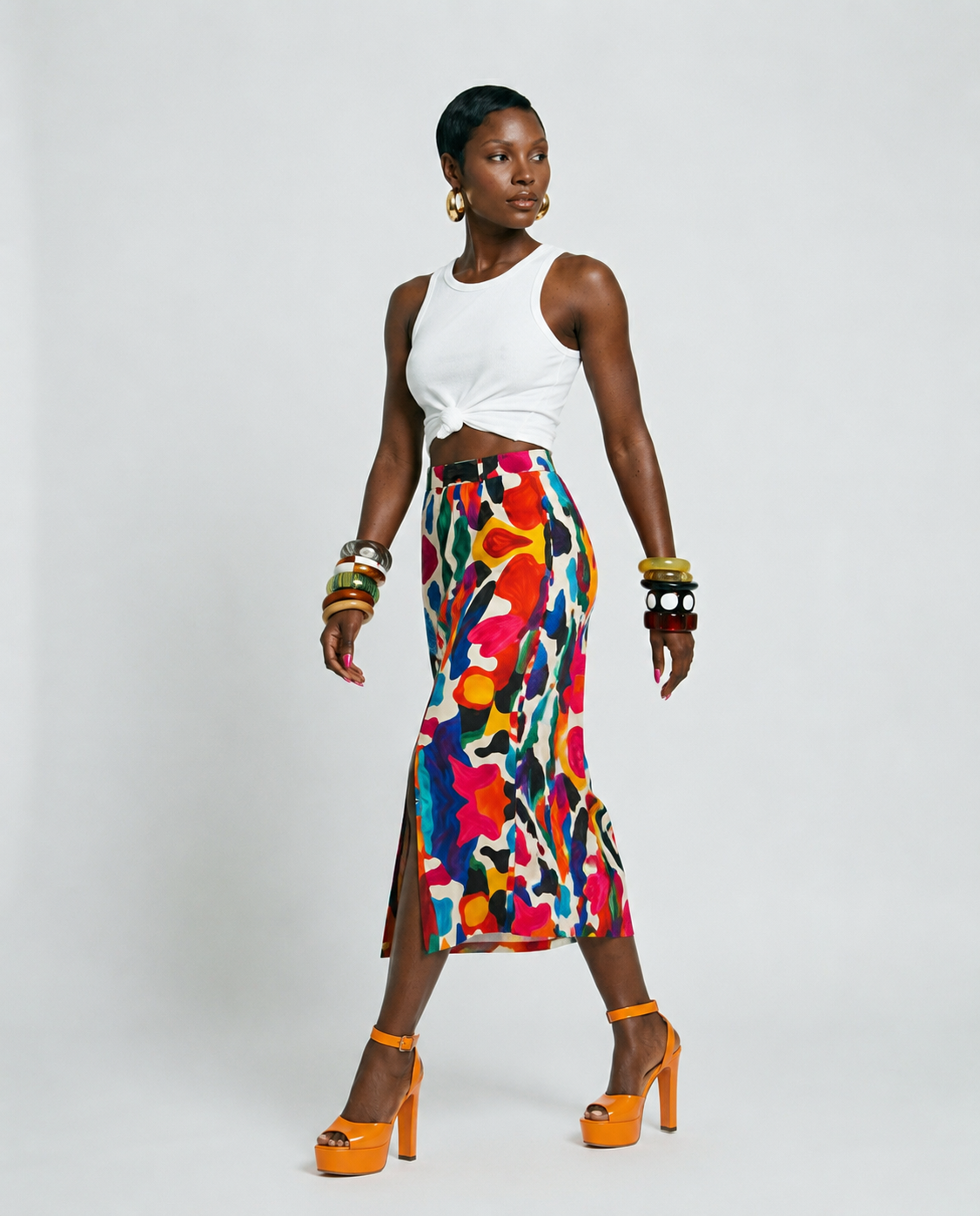 Vibrant Printed Split Denim Printed Skirt