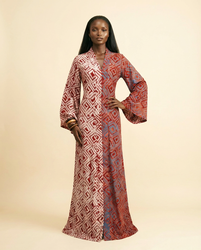 Ijenu Two-Tone Adire A-Line Dress with Bell Sleeves Main Image