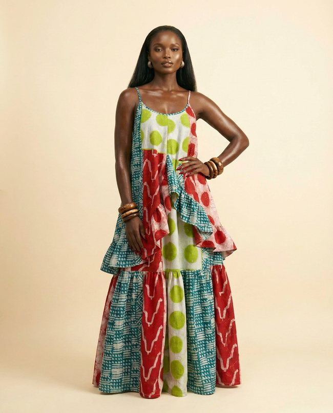 Imi Adire Mixed-Print Midi Dress - Voluminous & Elegant Main Image