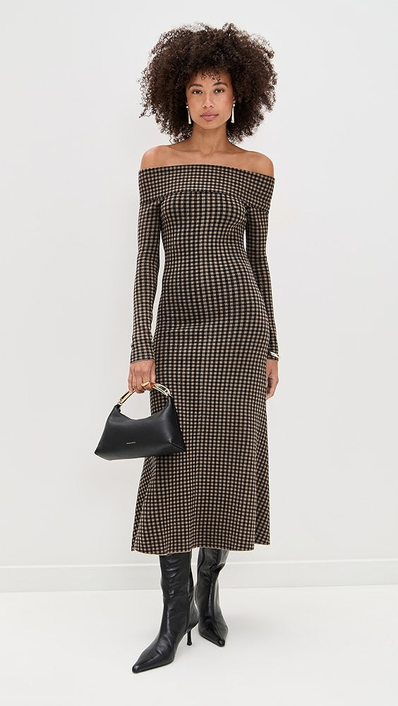 Gingham Knit Off Shoulder Dress