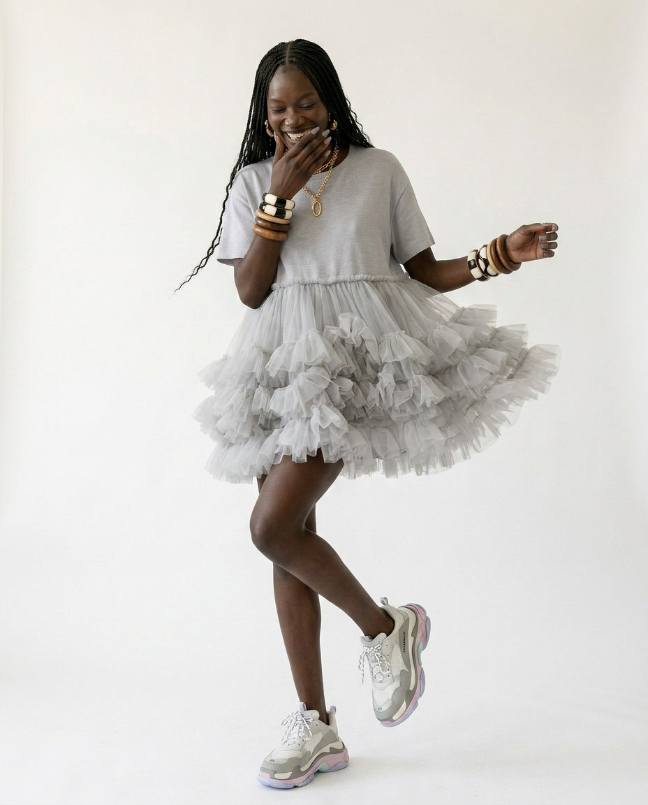 Radiant Mesh Ruffle Mini Dress