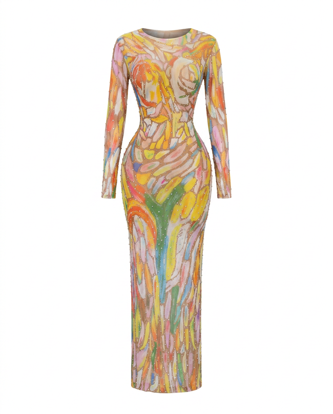 Vibrant Rhinestone Mesh Maxi Dress Hover Image