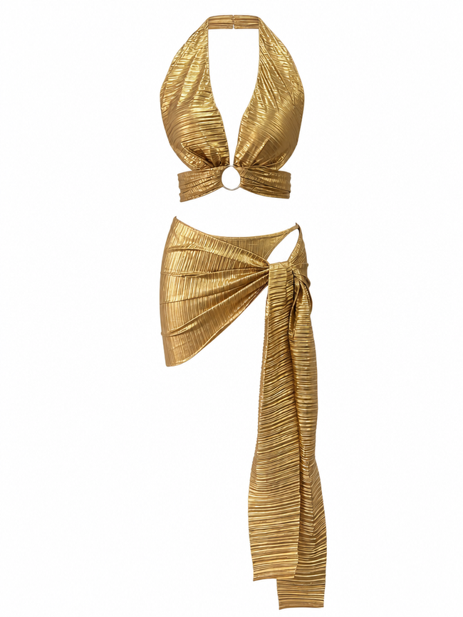 Golden Halter Cutout Swimsuit Hover Image