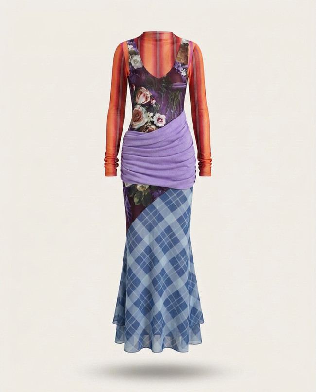 Resilient Plaid Patchwork Mesh Maxi Dress Hover Image